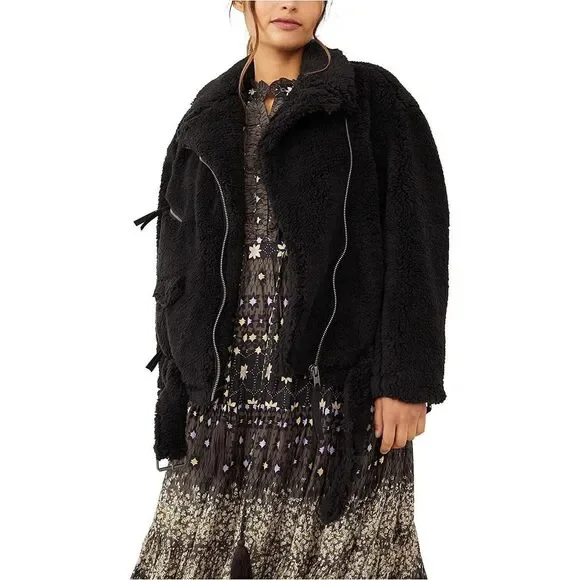 Free People Women's Black Faux Fur Full Zip Cozy Slouchy Moto Jacket Size XL - Picture 1 of 15